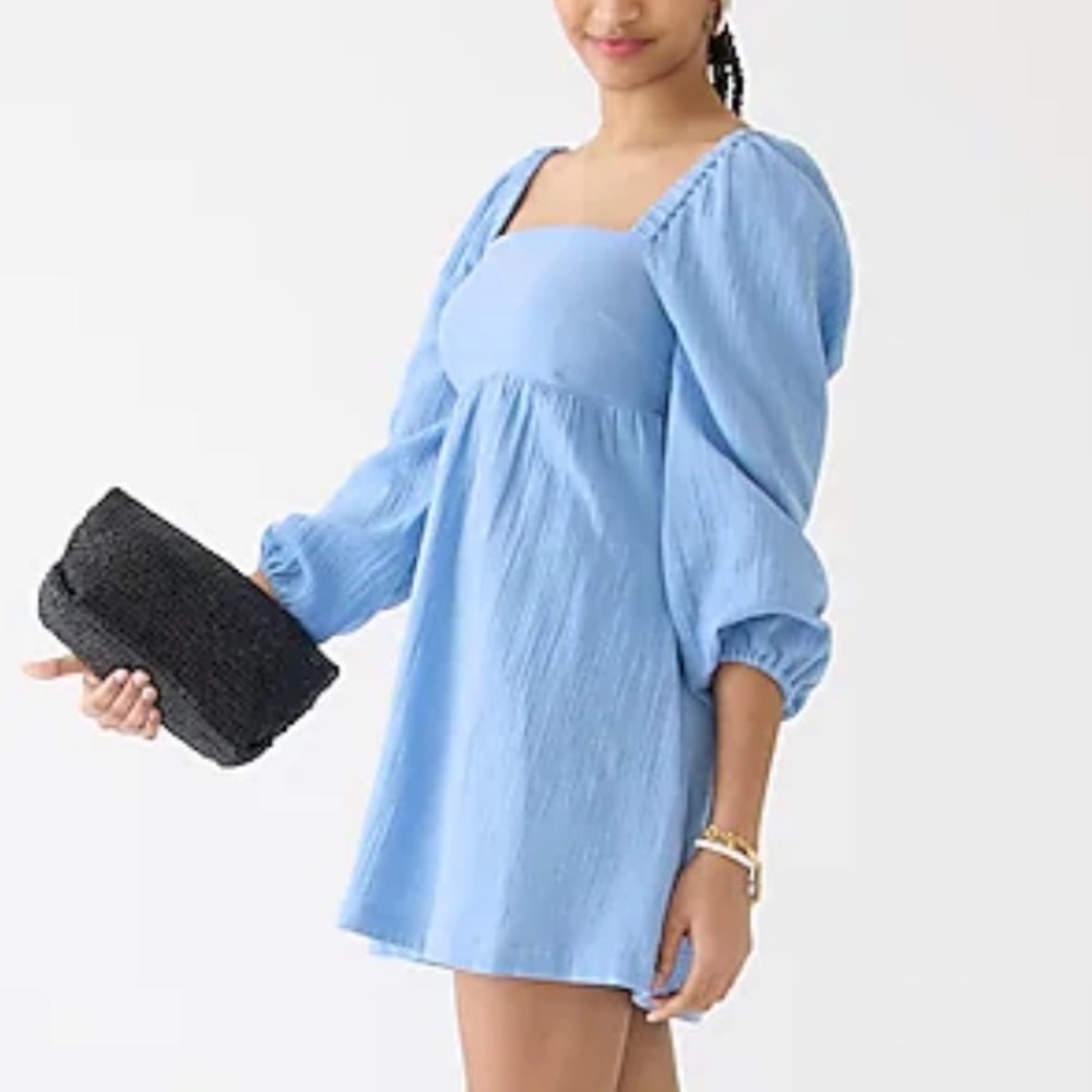 J. Crew Dress Squareneck Soft Gauze Dress in Chambray Blue Sz 2X NWT Puff Sleeve